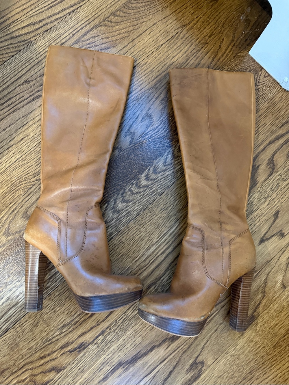 Michael Kors Collection Tan Leather Platform Knee-High Heeled Boots